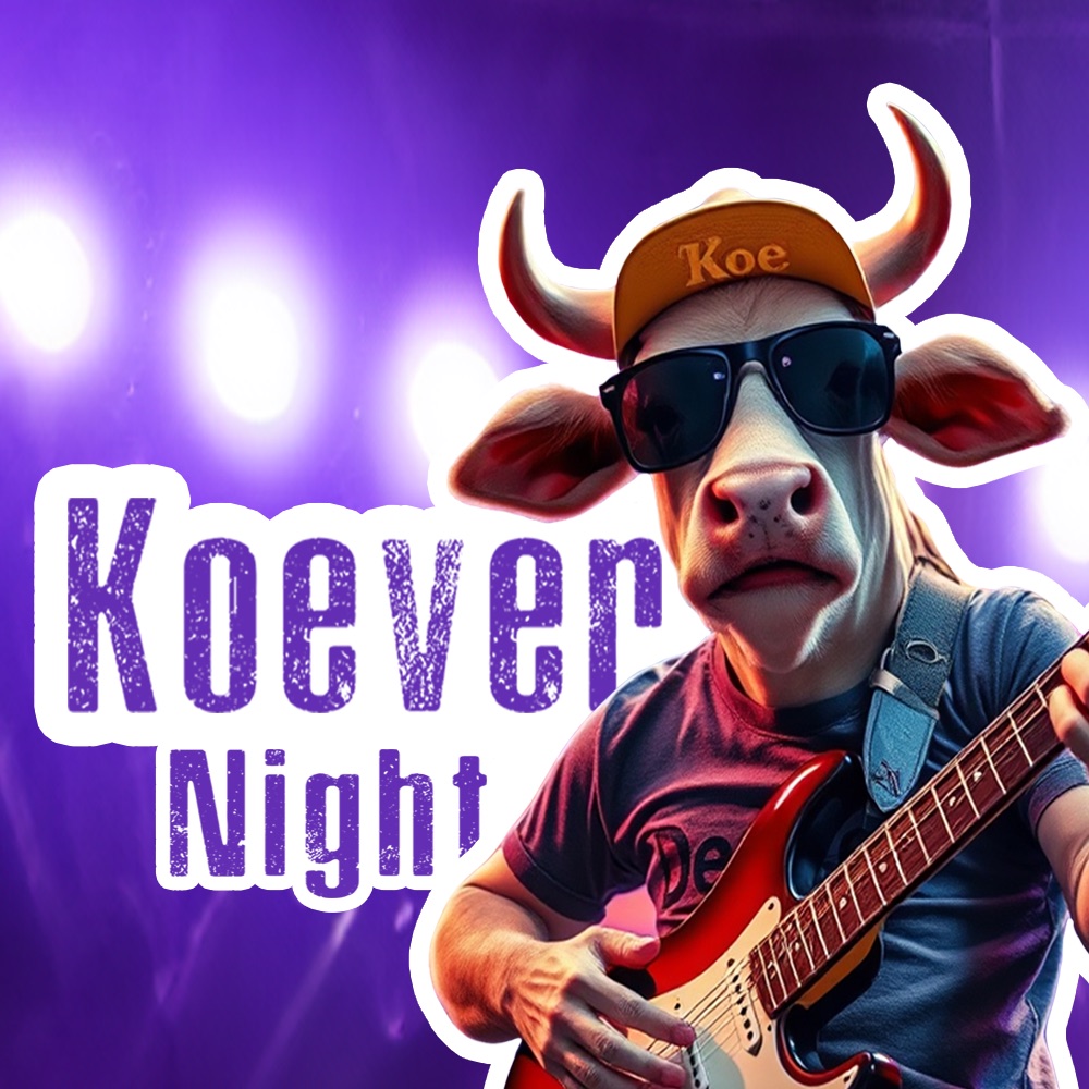 De KoeverNight-mascotte: een rockende koe met zonnebril en gitaar